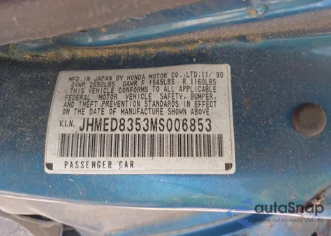 1991 Honda Civic Crx from USA, damaged, VIN JHMED8353MS006853